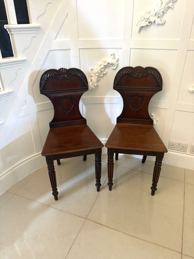 Pair of Antique Regency Quality Carved Mahogany Hall Chairs - Image 3